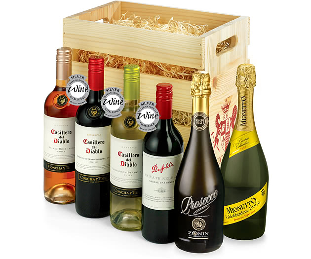 Premium Wine Selection Wooden Crate With Sparkling Prosecco
